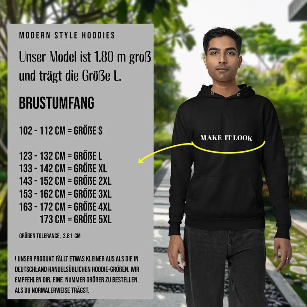 Größentabelle für Galaxy Turtle Hoodie (Modern Style)– Unser Model ist 1,80 m groß und trägt die Größe L. Brustumfang von S bis 5XL mit Empfehlung zur Größenwahl. schwarz_main_image_8