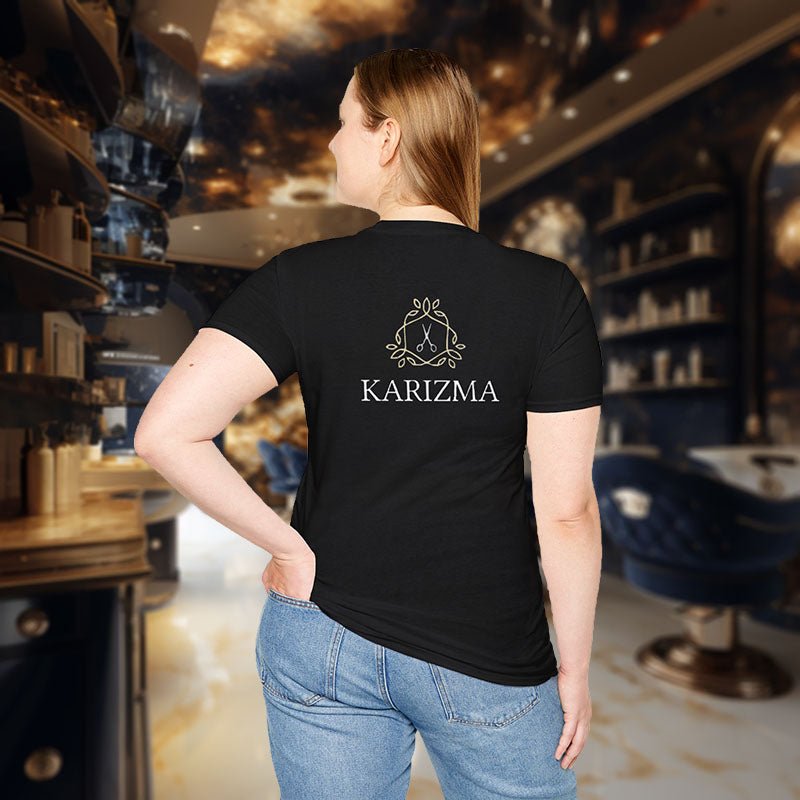 Karizma – Stilvolles Unisex T-Shirt mit Scheren - Logo, Blätterkranz und Hexagon - T-Shirt - Printify - Karizma – Stilvolles Unisex T-Shirt mit Scheren - Logo, Blätterkranz und Hexagon