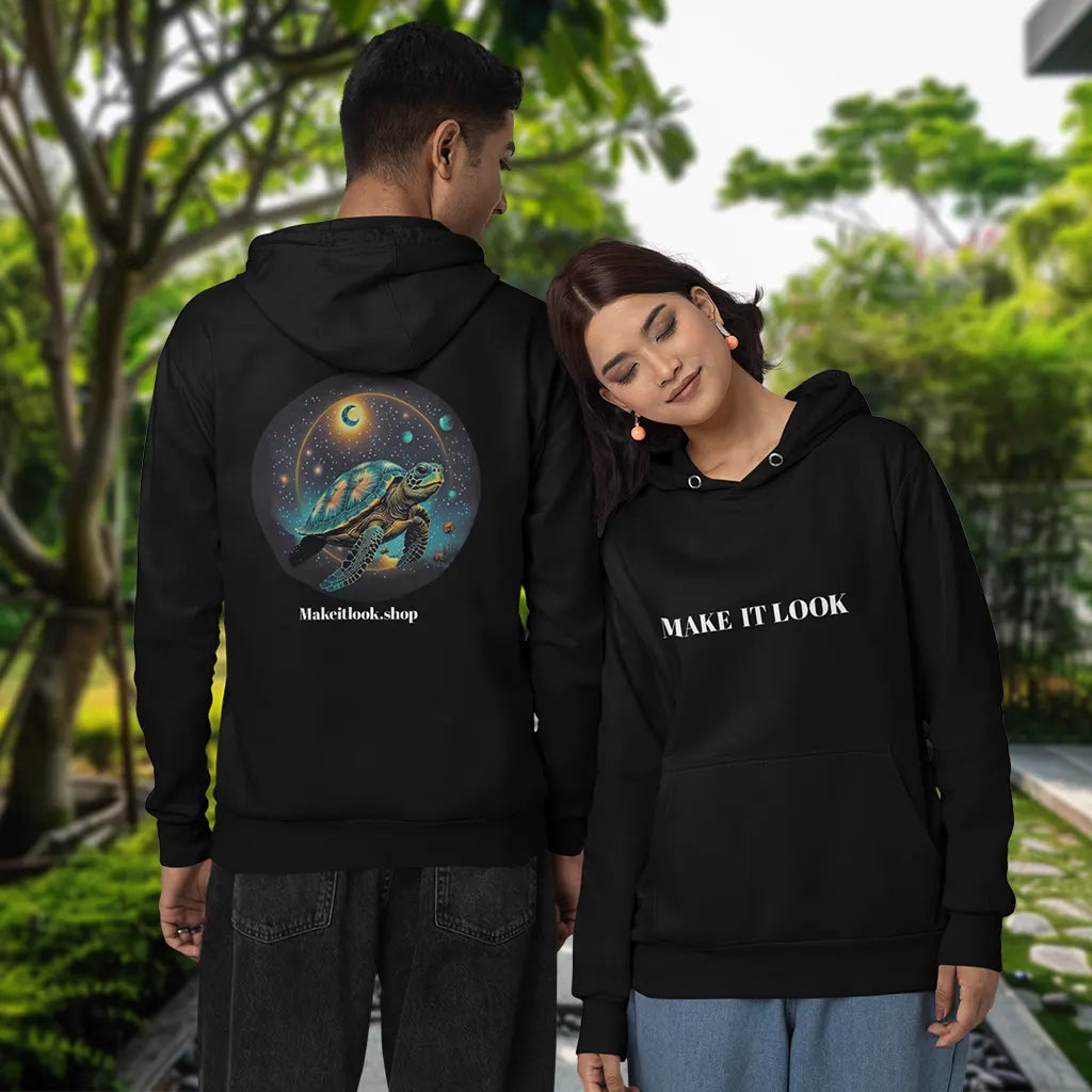 Unisex-Hoodie mit galaktischem Schildkröten-Design – perfekt für Partnerlooks. schwarz_main_image_7