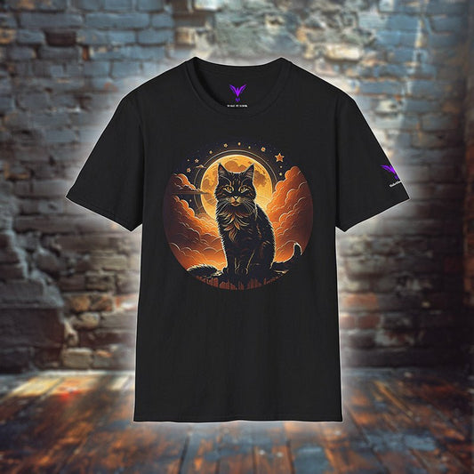 Katzen T-Shirt „Midnight Moon Cat“ mit dunkler Katze vor orangefarbenem Mond