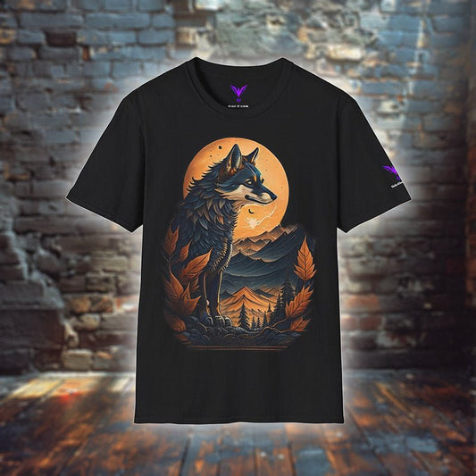Wolf T-Shirt „Twilight Enchantment“ mit Wolf auf einem Felsen vor Mondsichel