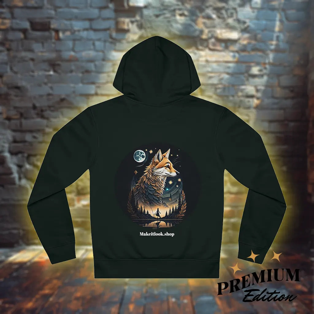 Rückseite des Fuchs Hoodies „Aurora Fox Grove“ in der Premium-Edition mit 85 % Baumwolle, Unisex