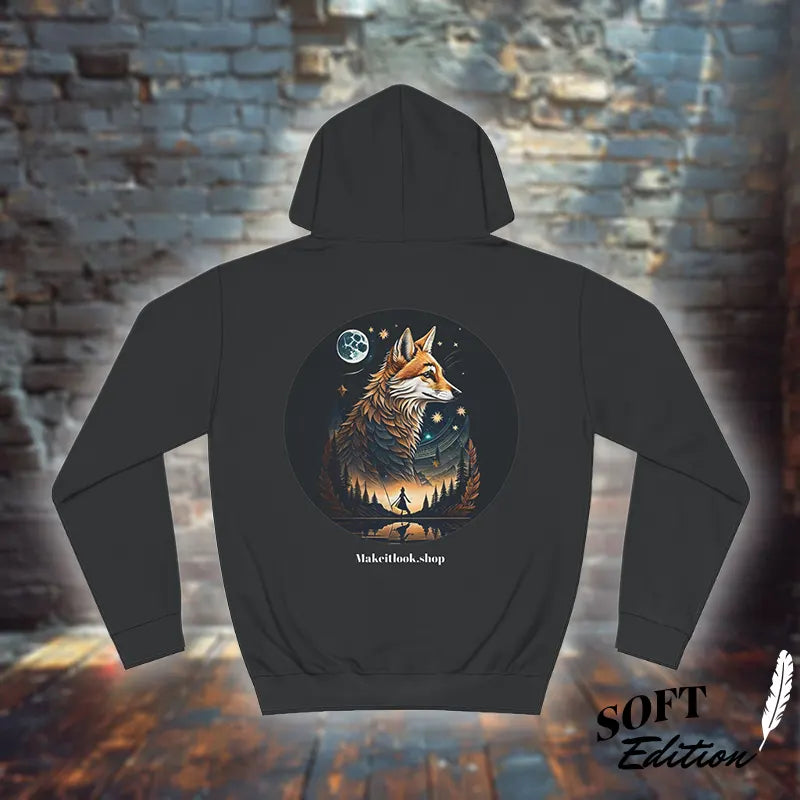 Rückseite des Fuchs Hoodies „Aurora Fox Grove“ in der Soft-Edition mit 80 % Baumwolle, Unisex
