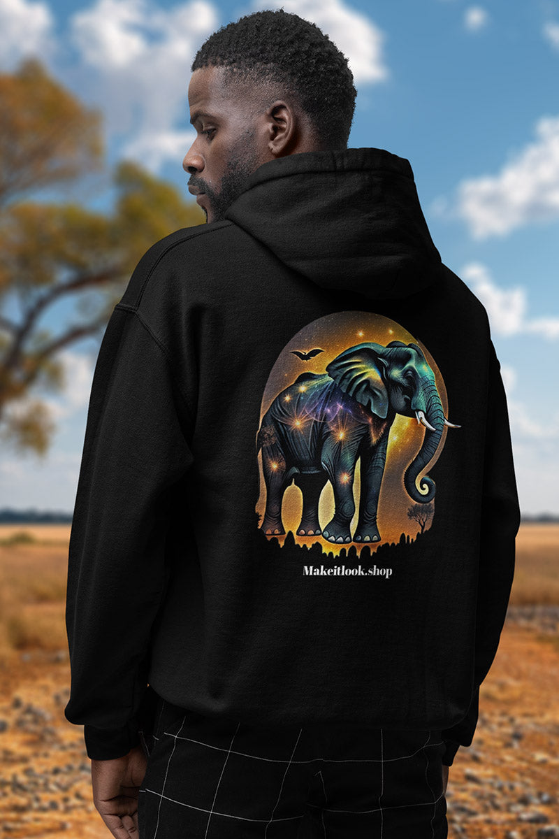 Elephant blues Hoodie Printify Ausgefallen Clothing Cotton Crew neck DTG Elephant Ethical Fashion Fashion Fire Gemütlich Hoodies Kapuzenpullover Klassische Passform land landschaft Make it look Men's Clothing Nachhaltige Mode Regular fit Sonne Streetwear sun Tiere Umweltfreundlich Unisex Women's Clothing