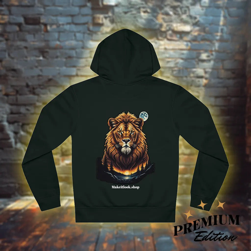 Lion Hills Unisex Hoodie – Majestätischer Löwe mit dramatischer Landschaft, S-5XL