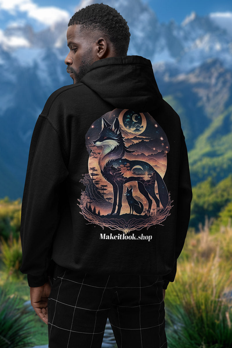 Starlit Fox Pair Hoodie MOUNTAIN STYLE Ausgefallen beschützer black Clothing Cotton Crew neck dog dreamworld DTG Ethical Fashion Fashion Gemütlich Guardian himmel Hoodies hund Kapuzenpullover Klassische Passform land landscape landschaft luna Men's Clothing Midnight mond Moon Nachhaltige Mode Power pup Regular fit rudel schwarz sky star Sterne Streetwear sun süss Tiere Traumwelt Umweltfreundlich Unisex Welt Women's Clothing world