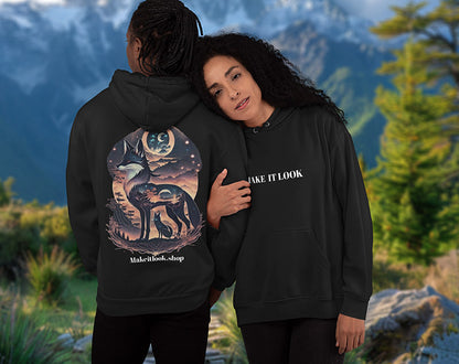 Starlit Fox Pair Hoodie MOUNTAIN STYLE Ausgefallen beschützer black Clothing Cotton Crew neck dog dreamworld DTG Ethical Fashion Fashion Gemütlich Guardian himmel Hoodies hund Kapuzenpullover Klassische Passform land landscape landschaft luna Men's Clothing Midnight mond Moon Nachhaltige Mode Power pup Regular fit rudel schwarz sky star Sterne Streetwear sun süss Tiere Traumwelt Umweltfreundlich Unisex Welt Women's Clothing world