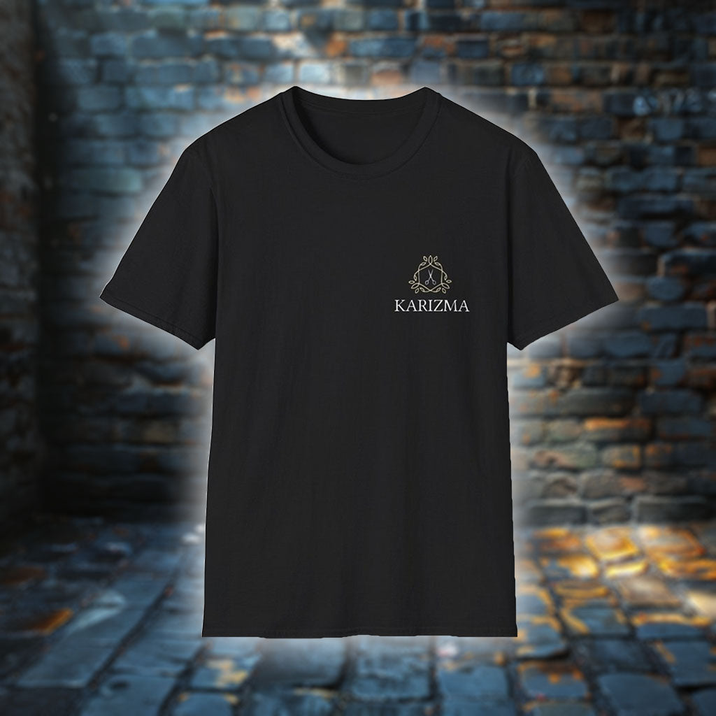 Karizma – Stilvolles Unisex T-Shirt mit Scheren-Logo, Blätterkranz und Hexagon