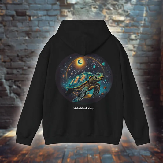 Schwarzer Hoodie mit Adventure Galaxy Turtle Design – farbenfrohes Schildkrötenmotiv im Weltraum-Stil mit Sternen und Planeten, ideal für Streetwear und nachhaltige Mode.