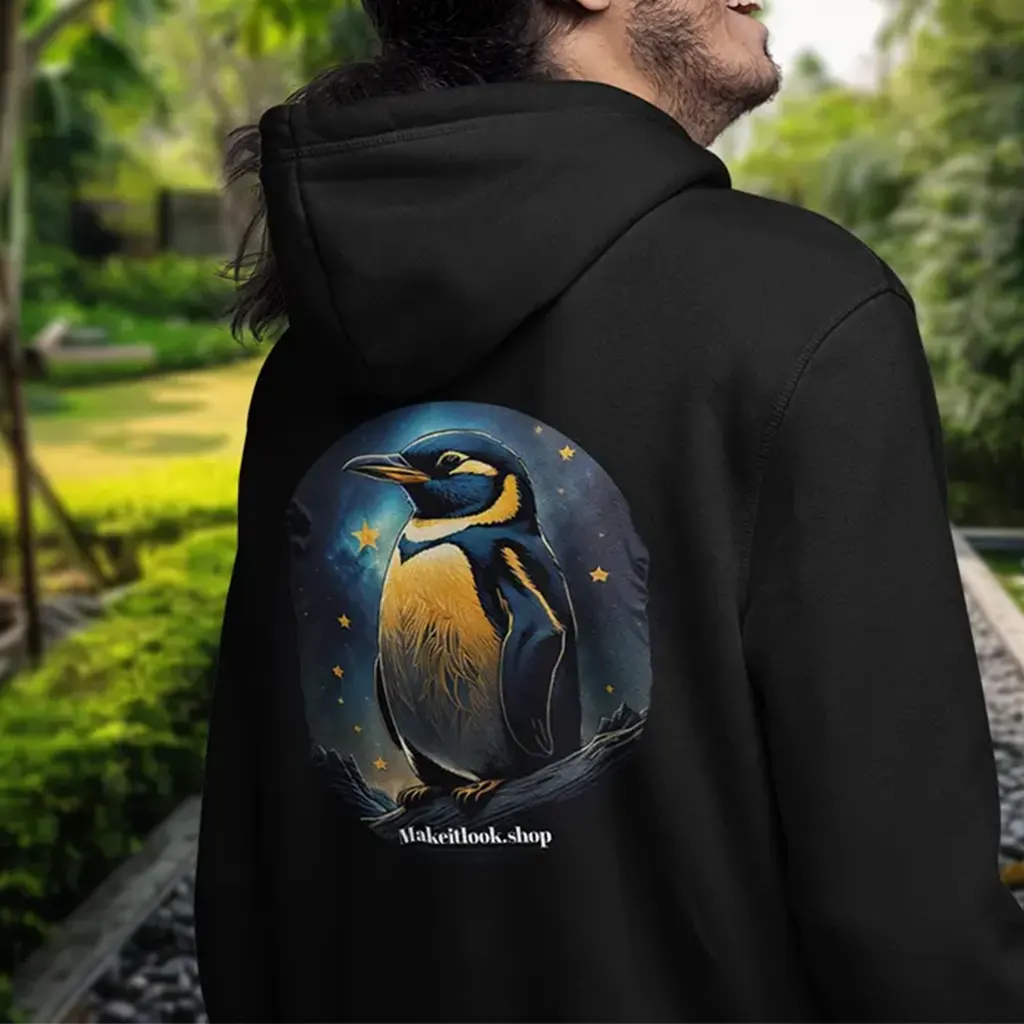 Hoodie „Astral Penguin“: ein blauer Pinguin auf einem Eisfelsen vor Sternenhimmel, Ansicht 5