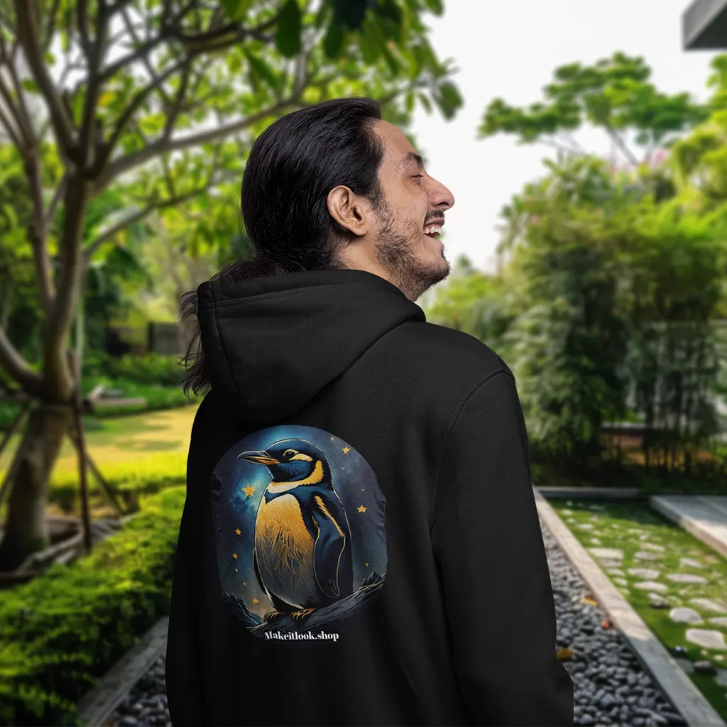 Hoodie „Astral Penguin“: ein blauer Pinguin auf einem Eisfelsen vor Sternenhimmel, Ansicht 3