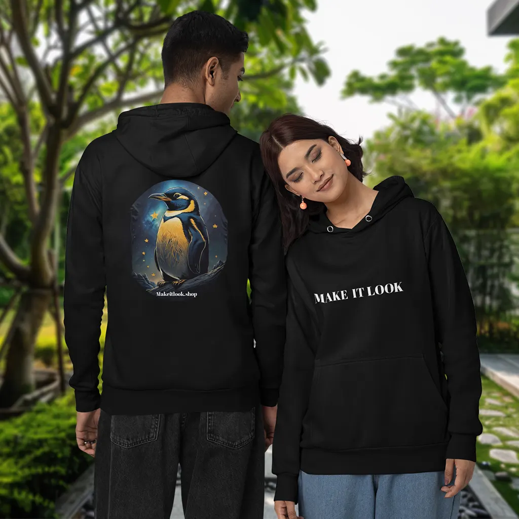 Hoodie „Astral Penguin“: ein blauer Pinguin auf einem Eisfelsen vor Sternenhimmel, Ansicht 9