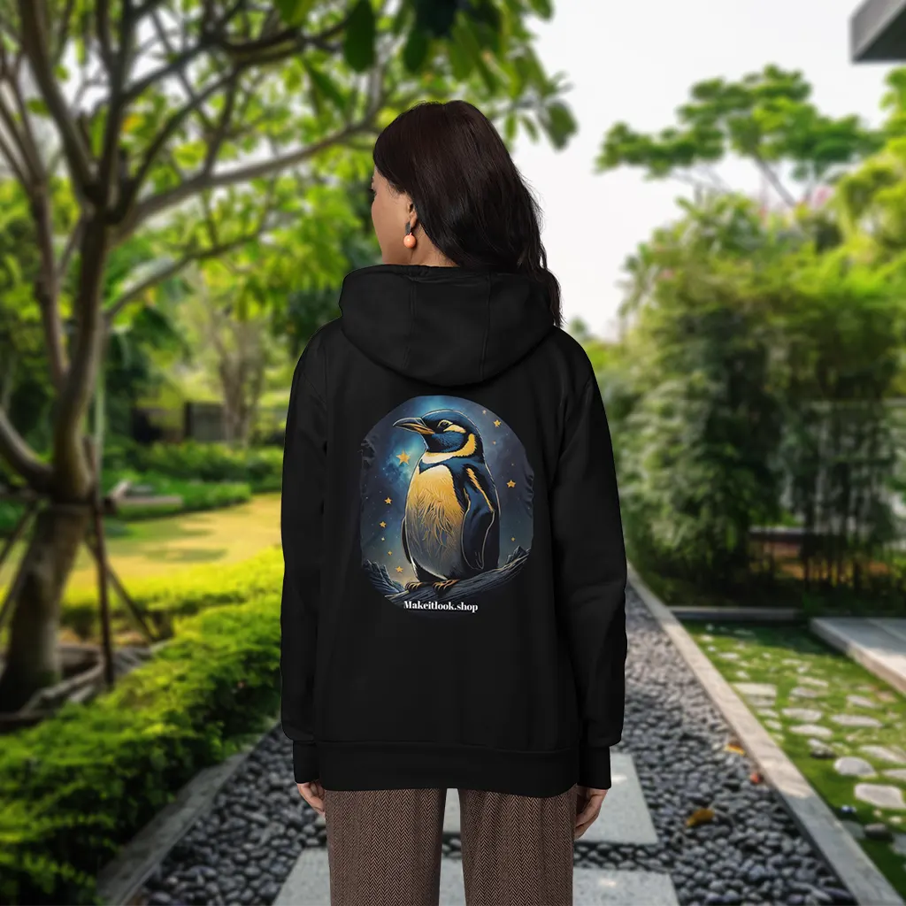 Hoodie „Astral Penguin“: ein blauer Pinguin auf einem Eisfelsen vor Sternenhimmel, Ansicht 4
