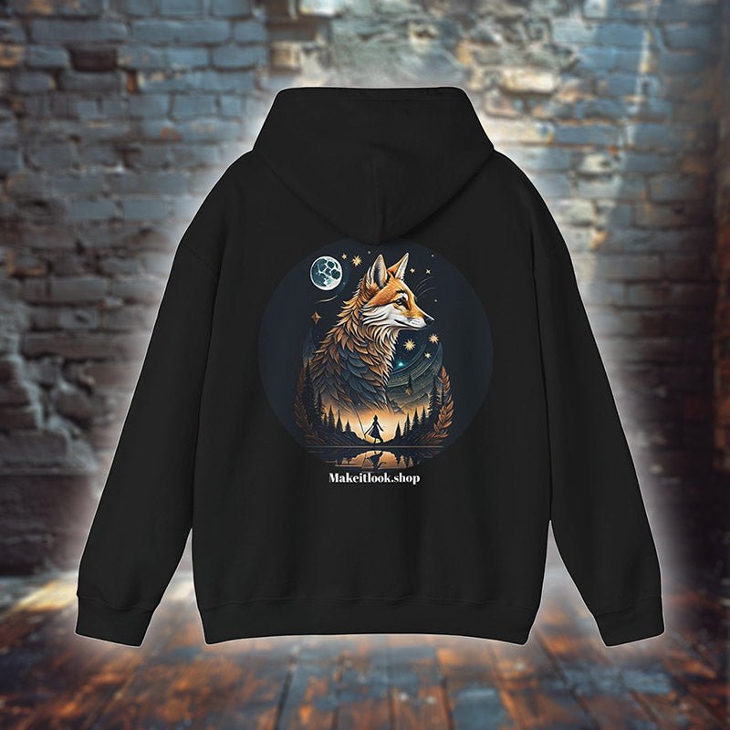 Fuchs Hoodie „Aurora Fox Grove“ in Schwarz, Rückseite mit rundem Motiv aus Fuchs, Vollmond und See