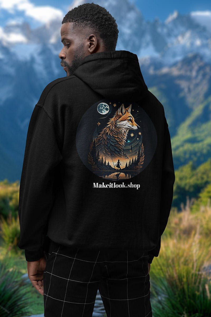 Mann von hinten im schwarzen Fuchs Hoodie „Aurora Fox Grove“ im Mountain Style, Motiv mit Mond und See
