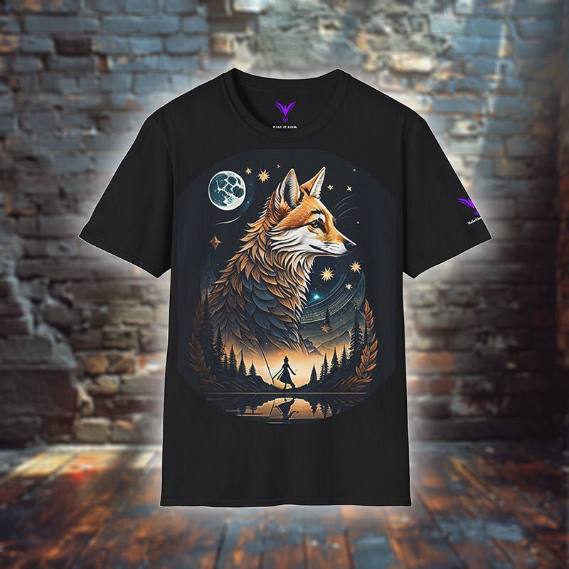Schwarzes Fuchs T-Shirt „Aurora Fox Grove“, Vorderansicht mit Fuchs, Vollmond, Tannen und See
