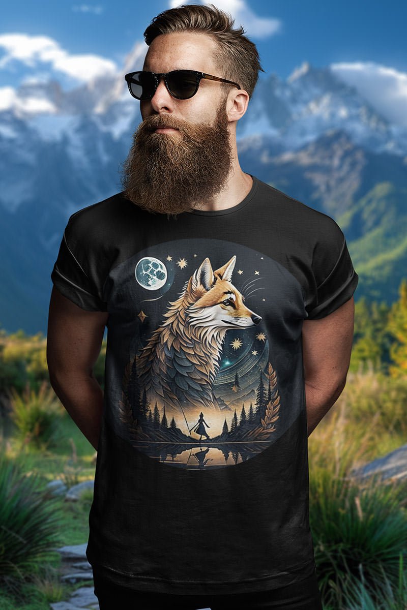 Mann mit Sonnenbrille im Unisex Fuchs T-Shirt „Aurora Fox Grove“ aus dem Mountain Style