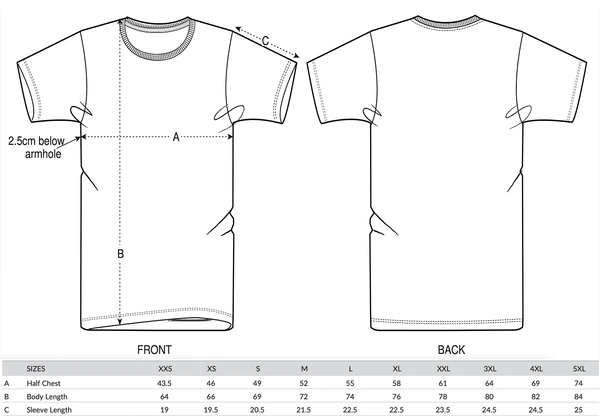 Größentabelle zum Fuchs T-Shirt „Aurora Fox Grove“ mit Brustbreite, Länge und Ärmel, Größen S bis 3XL