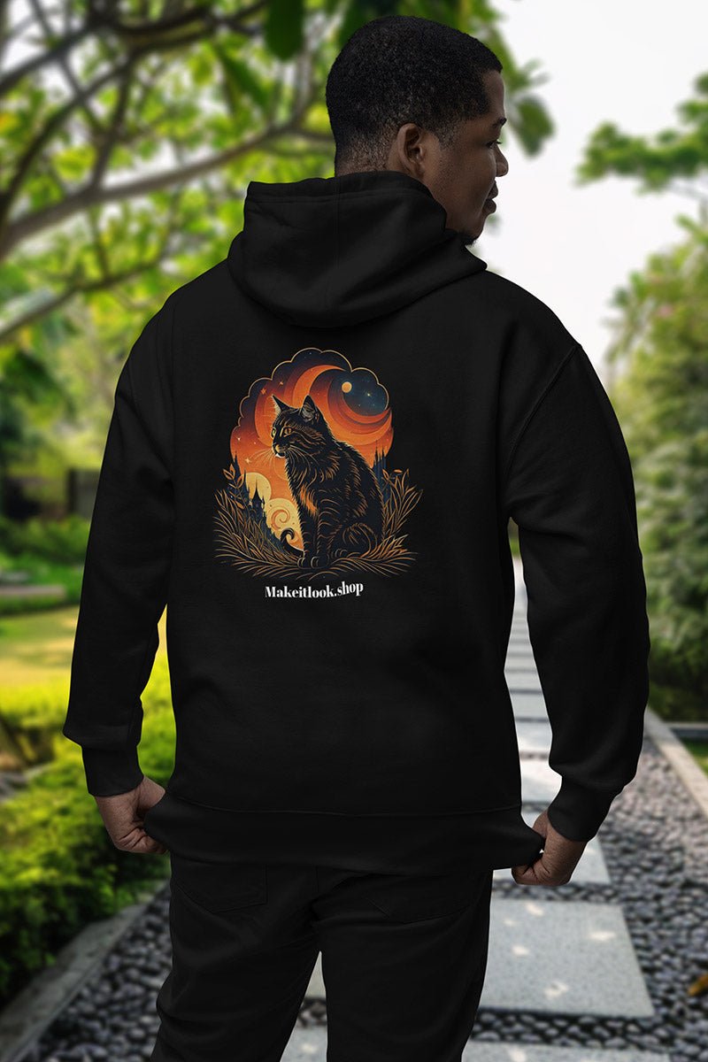 Hoodie „Cat Harvest Horizon“: eine schwarze Katze mit orangefarbenen Streifen unter einem Herbstmond, Ansicht 2