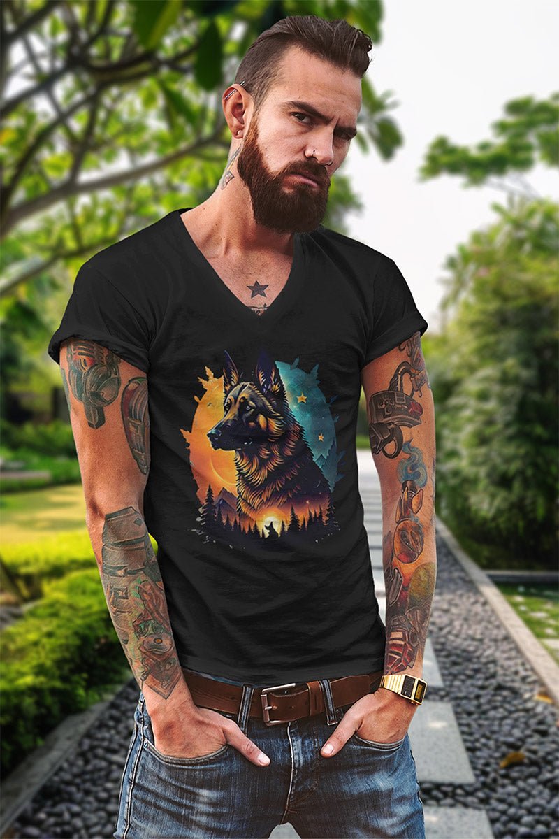 Mann mit Bart im schwarzen T-Shirt, Brustdruck mit Schäferhund im orangen und blaugrünen Licht