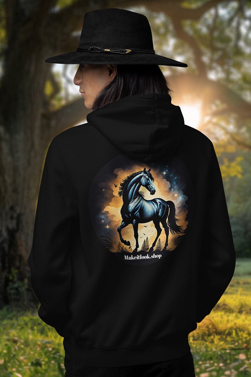 Hoodie „Celestial Equine Majesty“: ein schwarzes Pferd vor einem nächtlichen Sternenhimmel, Ansicht 3