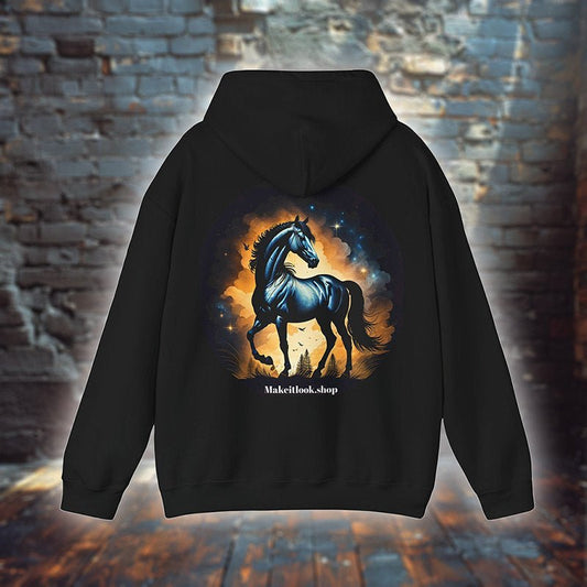 Celestial Equine Majesty - Hoodie - NATURE STYLE - Celestial Equine Majesty Hoodie Printify Ausgefallen beautiful beschützer Bio Bio - Baumwolle black blossom Clothing cloud Crew neck dreamworld DTG Fantasie Fashion forest Gemütlich Guardian himmel Hoodies Horse Kapuzenpullover Klassische Passform land landscape landschaft luna Men's Clothing Midnight mond Moon Nachhaltige Mode Pferd Regular fit schwarz Sonne Sonnenschein squad star Sterne Streetwear Tiere Traumwelt Umweltfreundlich Unisex Welt 