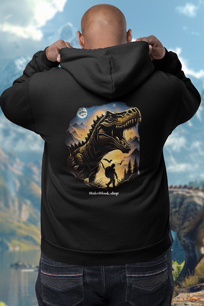 Schwarzer Unisex-Hoodie „Dino Roar“ mit einem brüllenden T-Rex vor Abendhimmel, Bild 2