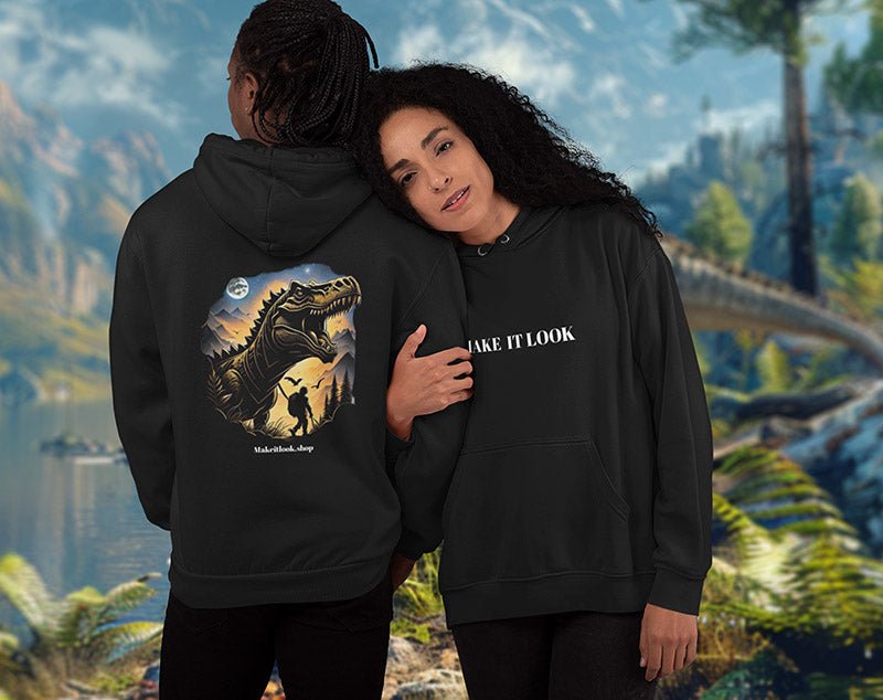 Schwarzer Unisex-Hoodie „Dino Roar“ mit einem brüllenden T-Rex vor Abendhimmel, Bild 4