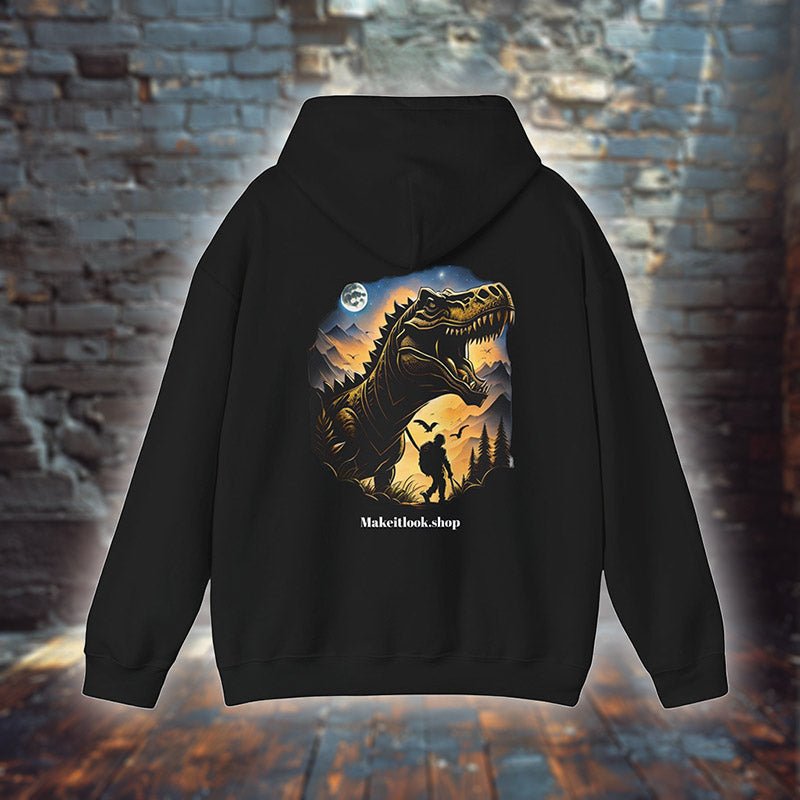 Schwarzer Unisex-Hoodie „Dino Roar“ mit einem brüllenden T-Rex vor Abendhimmel, Bild 1