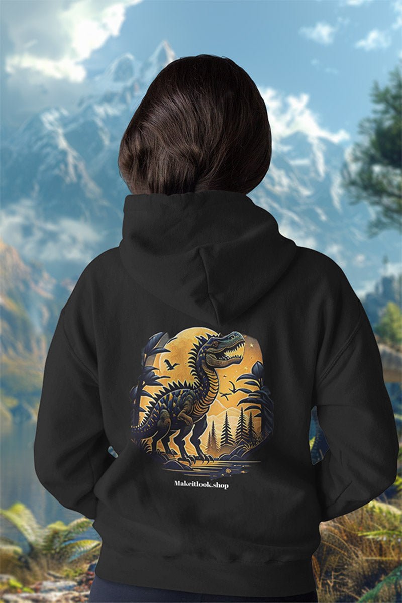 Schwarzer Unisex-Hoodie „Dino Sun Land“ mit einem Dinosaurier vor warmem Nachthimmel mit Mond, Bild 3