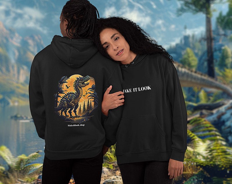 Schwarzer Unisex-Hoodie „Dino Sun Land“ mit einem Dinosaurier vor warmem Nachthimmel mit Mond, Bild 4