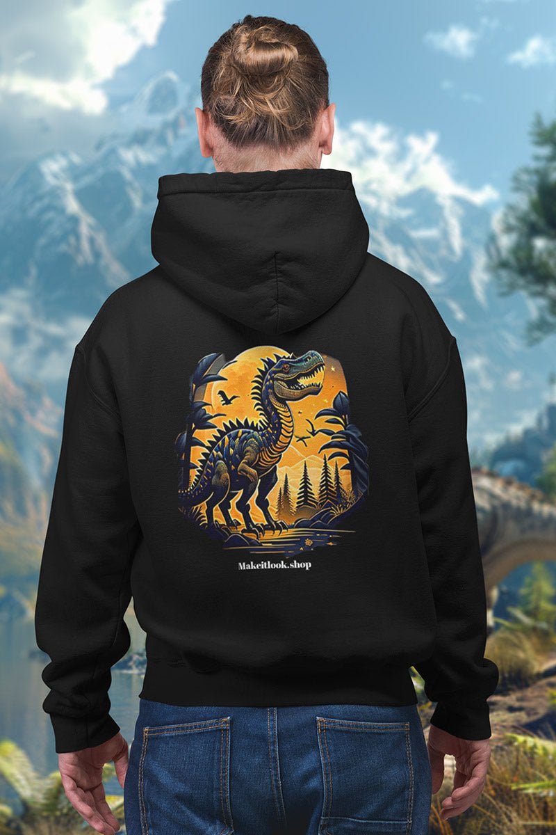Schwarzer Unisex-Hoodie „Dino Sun Land“ mit einem Dinosaurier vor warmem Nachthimmel mit Mond, Bild 2