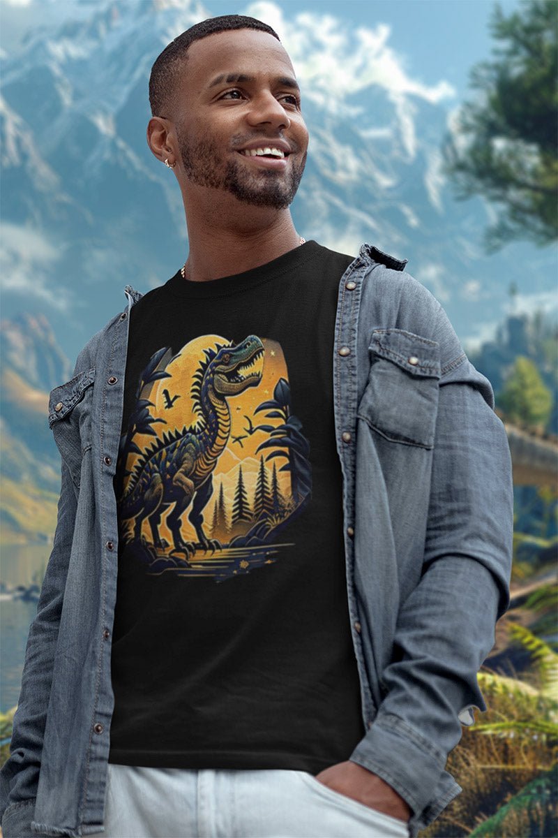 Dino Sun land - T - Shirt - JURASSIC STYLE - Dino Sun land Black T - Shirt JURASSIC STYLE Ausgefallen beautiful beschützer Bio Bio - Baumwolle black blossom Clothing Cotton Crew neck Dino Dinosauerier dreamworld DTG Ethical Fashion Fashion forest Gemütlich Gold Golden Guardian Hills it Klassische Passform land landscape landschaft Look make Make it look Men's Clothing Midnight Nachhaltige Mode Neck Labels Power Regular fit schwarz sky Streetwear Sunshine T - shirts Tiere Traumwelt Umweltfreundli