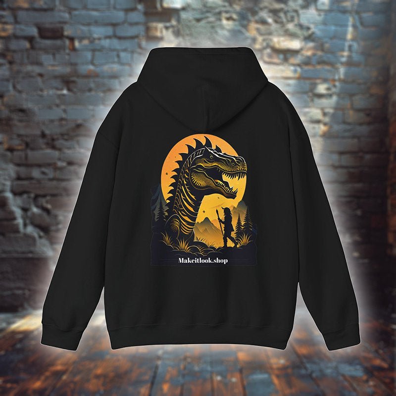 Schwarzer Unisex-Hoodie „Dino Sunshine“ mit einem brüllenden Dinosaurier vor Mond und Wald, Bild 1