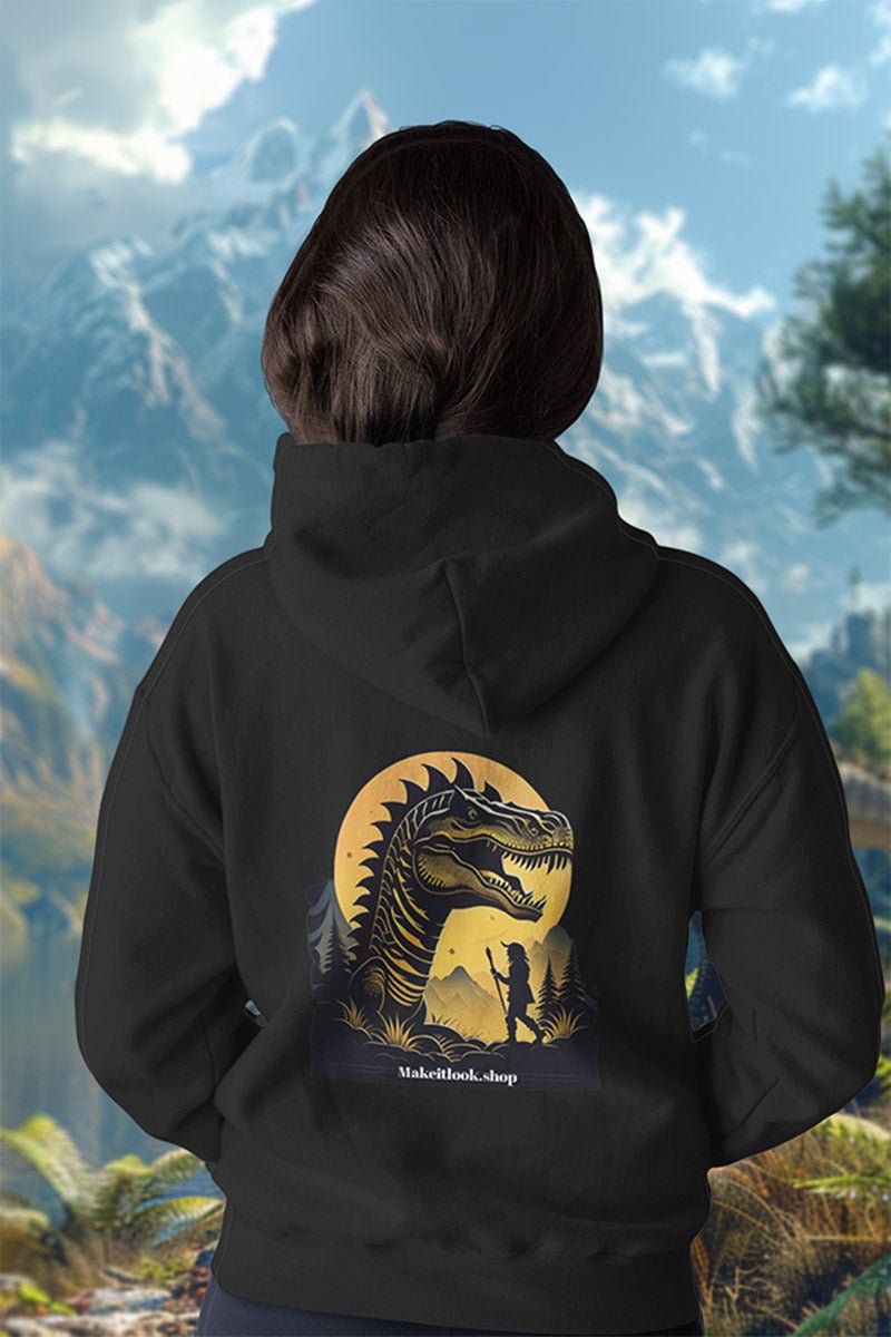 Schwarzer Unisex-Hoodie „Dino Sunshine“ mit einem brüllenden Dinosaurier vor Mond und Wald, Bild 3