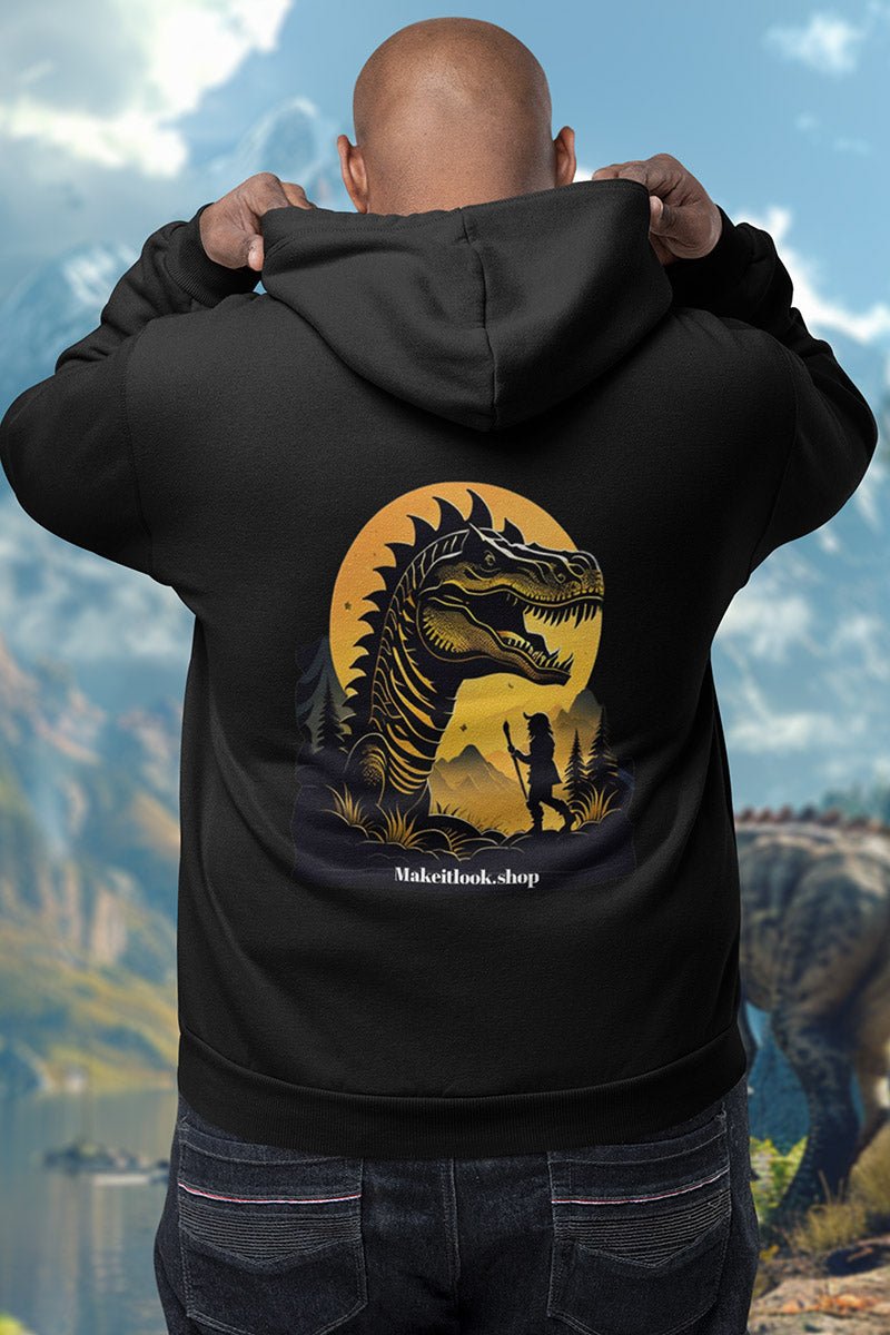 Schwarzer Unisex-Hoodie „Dino Sunshine“ mit einem brüllenden Dinosaurier vor Mond und Wald, Bild 2