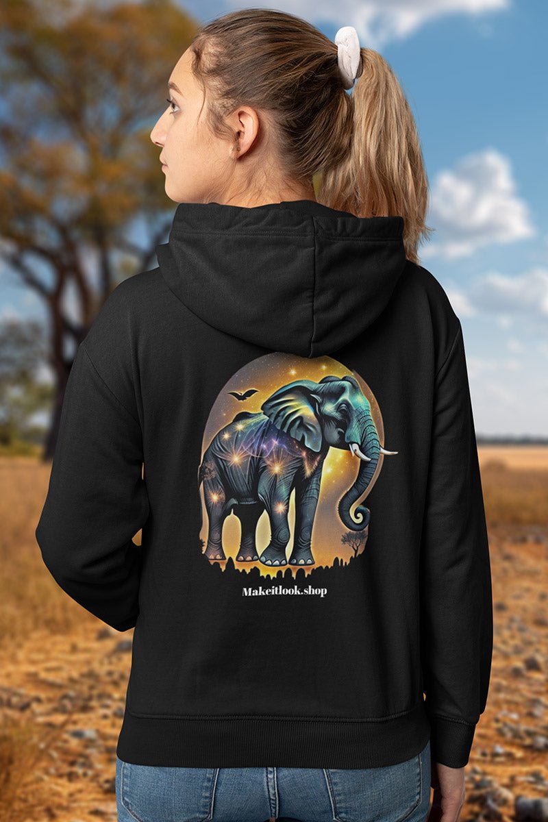 Elephant blues - Hoodie - AFRIKAN SYTLE - Elephant blues Black Hoodie Printify Ausgefallen Clothing Cotton Crew neck DTG Elephant Ethical Fashion Fashion Fire Gemütlich Hoodies Kapuzenpullover Klassische Passform land landschaft Make it look Men's Clothing Nachhaltige Mode Regular fit Sonne Streetwear sun Tiere Umweltfreundlich Unisex Women's Clothing