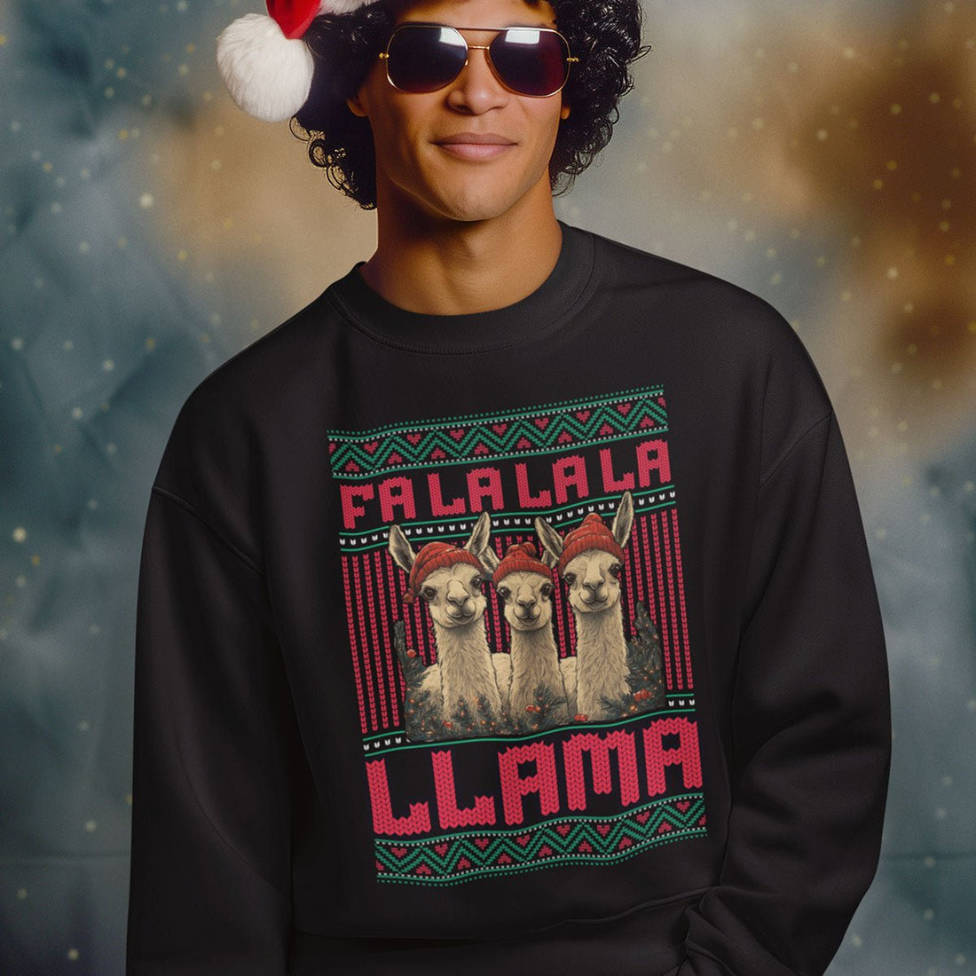 Mann mit Weihnachtsmütze und Sonnenbrille trägt das schwarze Sweatshirt mit Schriftzug „FA LA LA LA LLAMA“