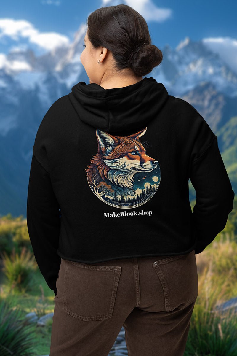 Schwarzer Unisex-Hoodie „Fox on the White Ground“ mit einem Fuchs in Winterlandschaft, Bild 3