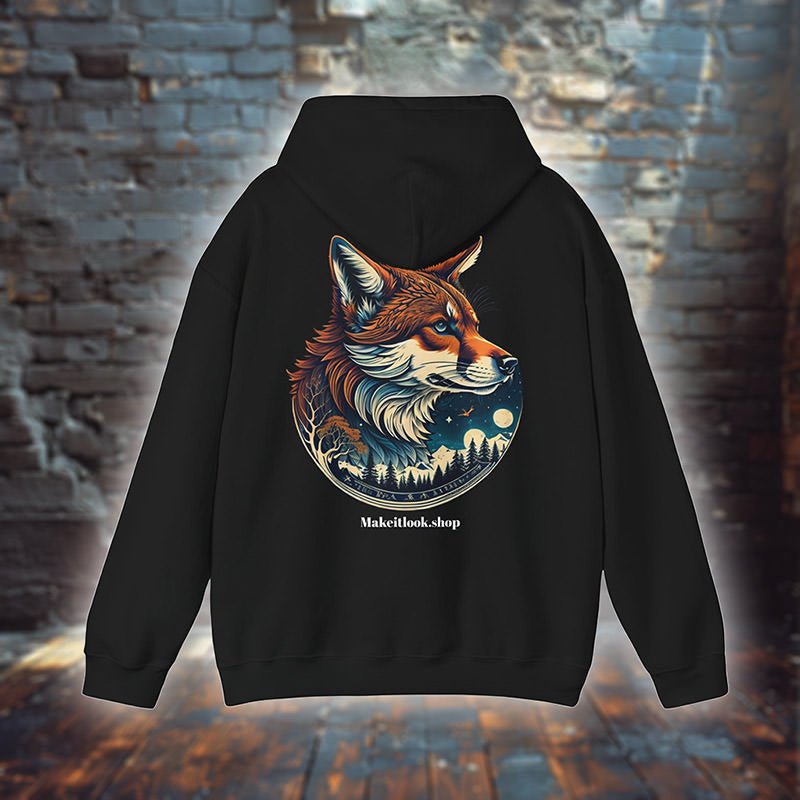 Schwarzer Unisex-Hoodie „Fox on the White Ground“ mit einem Fuchs in Winterlandschaft, Bild 1