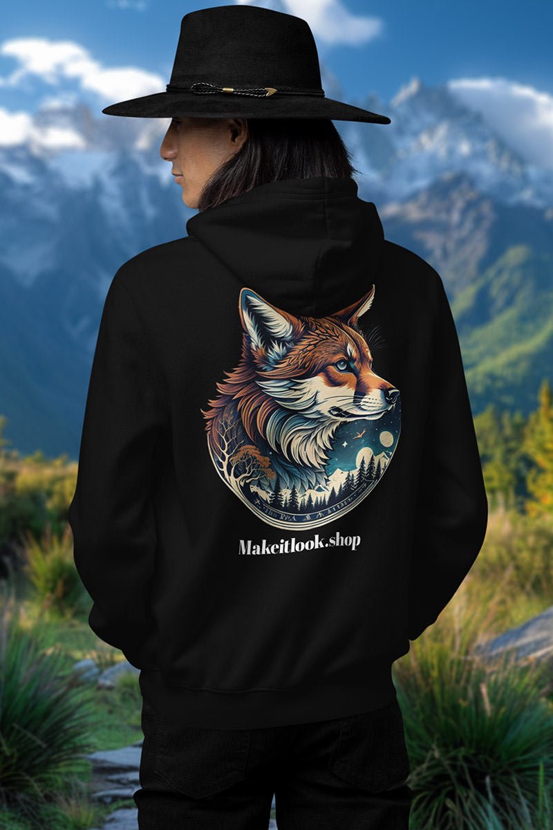 Schwarzer Unisex-Hoodie „Fox on the White Ground“ mit einem Fuchs in Winterlandschaft, Bild 2