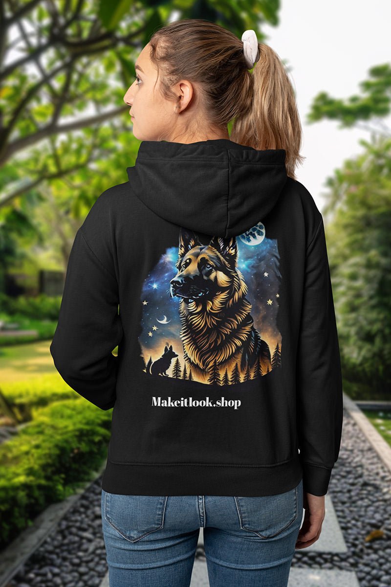 Frau mit Zopf, Rückenansicht des schwarzen Unisex-Hoodies mit Schäferhund vor tiefblauem Nachthimmel