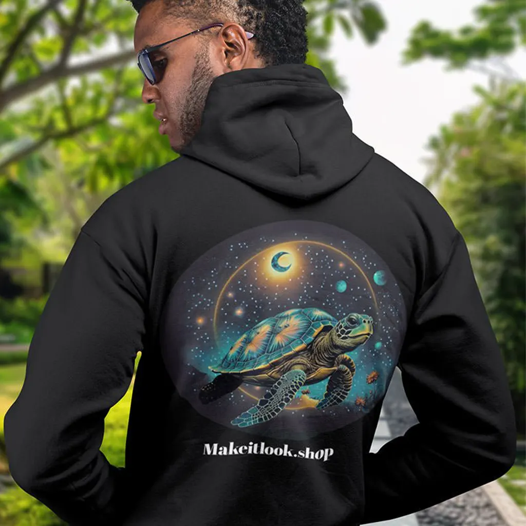 Nahaufnahme des Rückenmotivs am Turtle Hoodie: Schildkröte mit türkisem Panzer unter goldenem Mondring