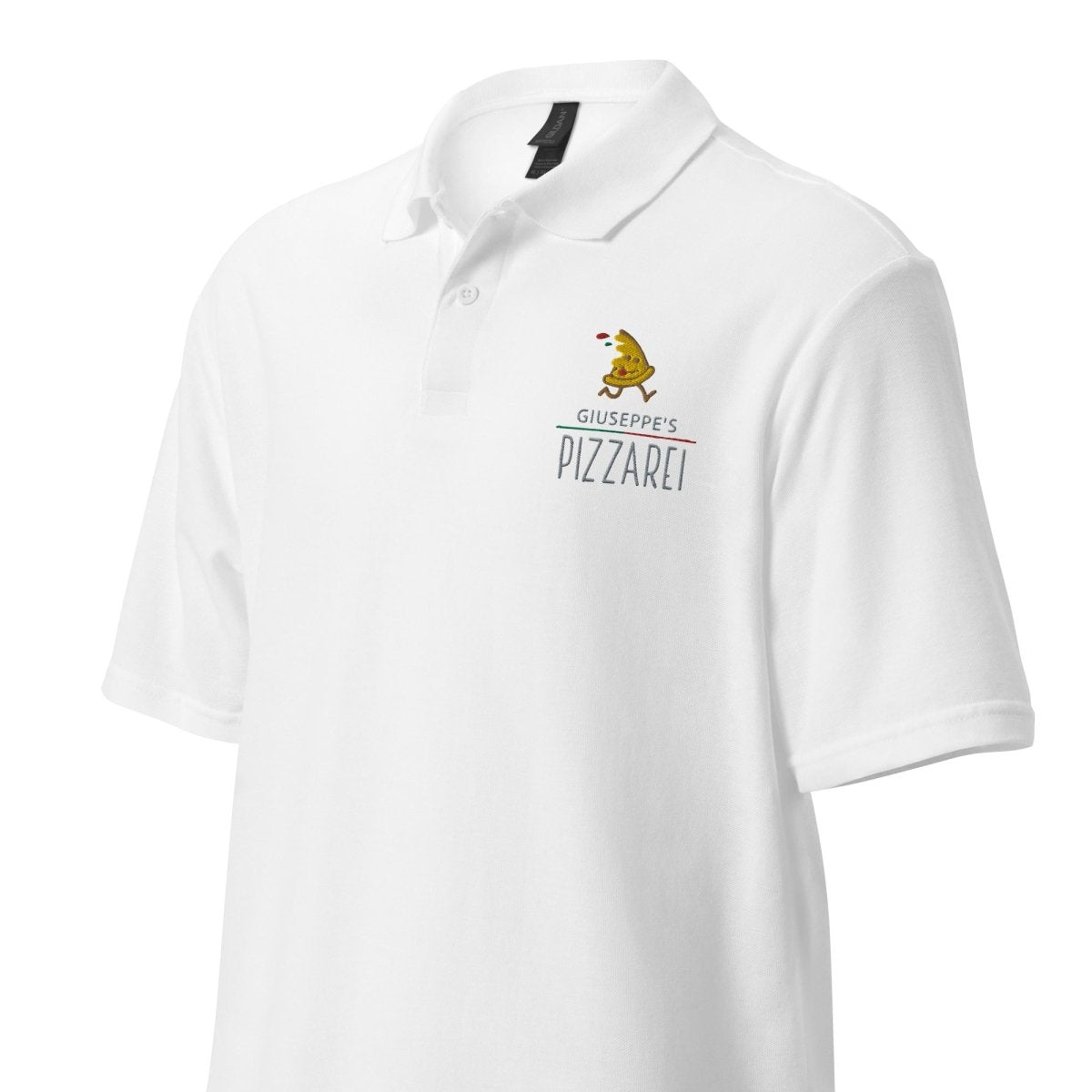 Giuseppe Pizzarei – Unisex Poloshirt mit verspieltem Pizza - Männchen Logo - Poloshirt - Make it look - Giuseppe Pizzarei – Unisex Poloshirt mit verspieltem Pizza - Männchen Logo