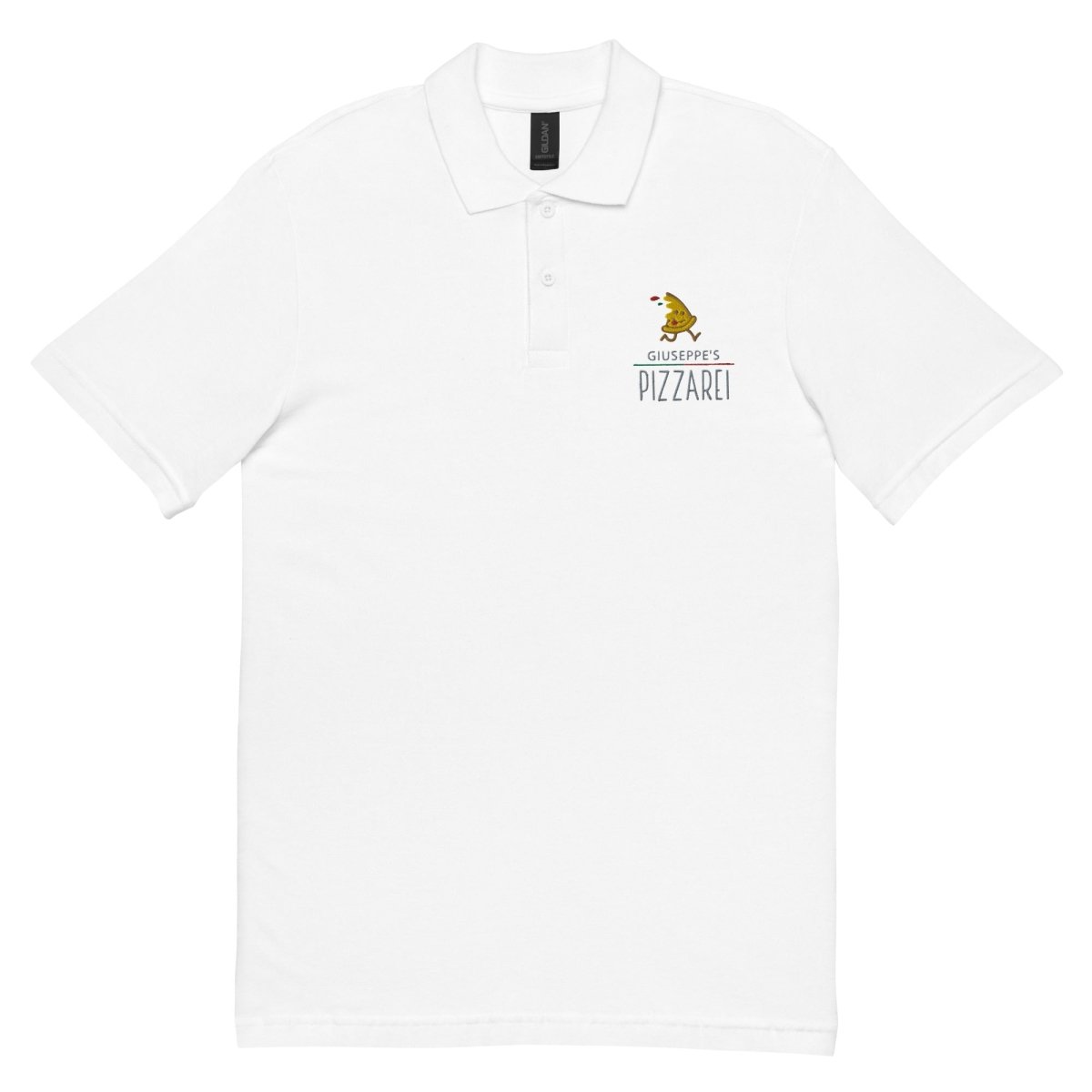 Giuseppe Pizzarei – Unisex Poloshirt mit verspieltem Pizza - Männchen Logo - Poloshirt - Make it look - Giuseppe Pizzarei – Unisex Poloshirt mit verspieltem Pizza - Männchen Logo