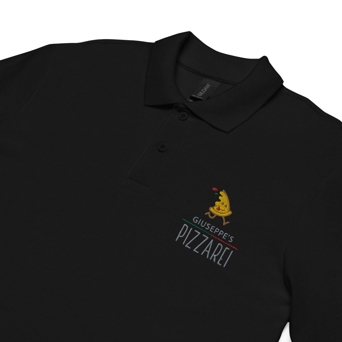Giuseppe Pizzarei – Unisex Poloshirt mit verspieltem Pizza - Männchen Logo - Poloshirt - Make it look - Giuseppe Pizzarei – Unisex Poloshirt mit verspieltem Pizza - Männchen Logo