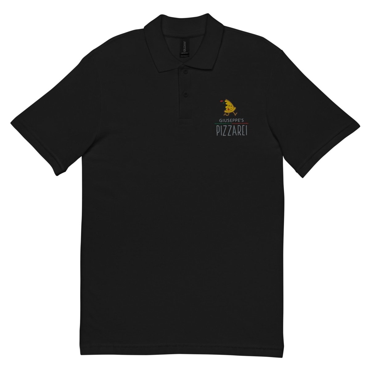 Giuseppe Pizzarei – Unisex Poloshirt mit verspieltem Pizza - Männchen Logo - Poloshirt - Make it look - Giuseppe Pizzarei – Unisex Poloshirt mit verspieltem Pizza - Männchen Logo
