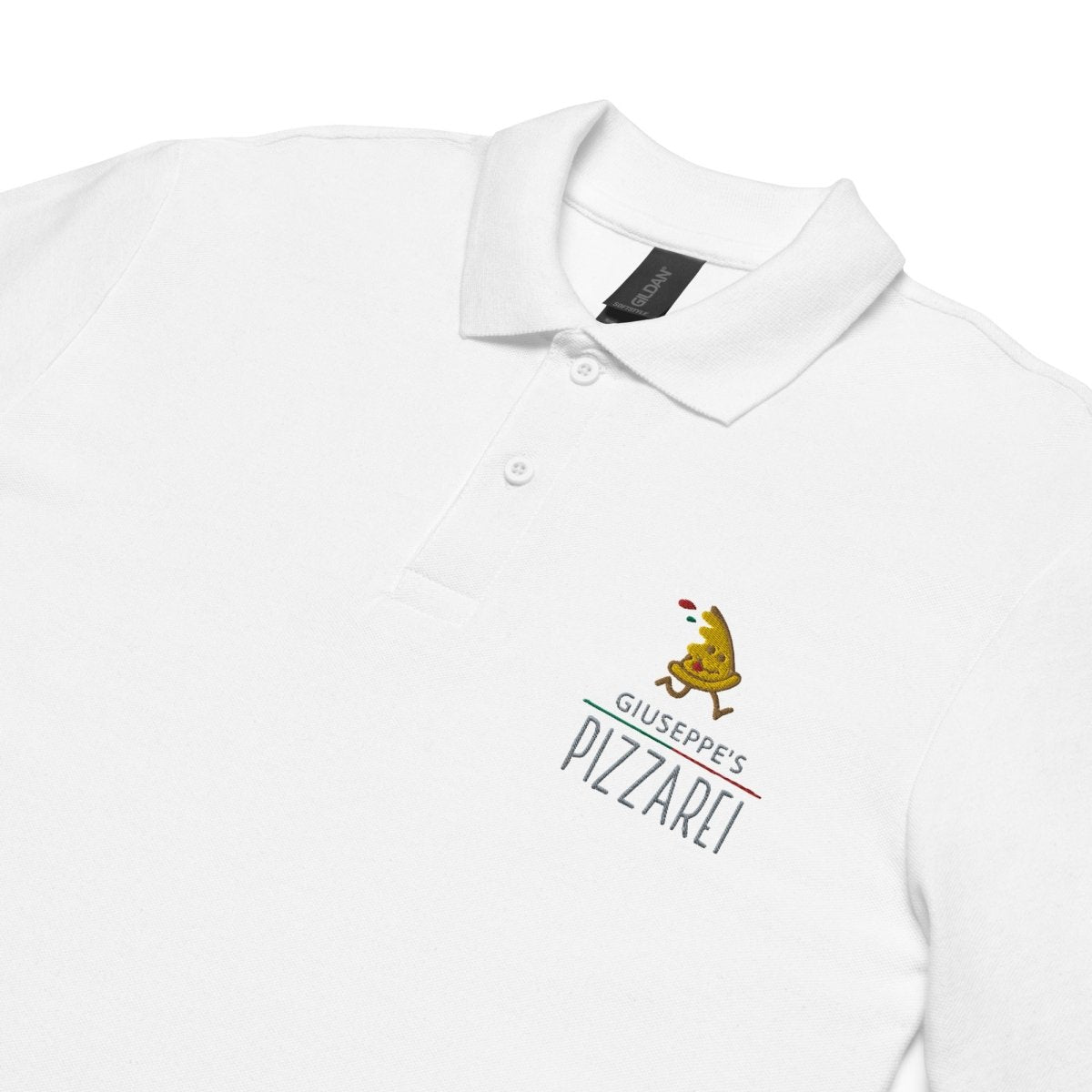 Giuseppe Pizzarei – Unisex Poloshirt mit verspieltem Pizza - Männchen Logo - Poloshirt - Make it look - Giuseppe Pizzarei – Unisex Poloshirt mit verspieltem Pizza - Männchen Logo