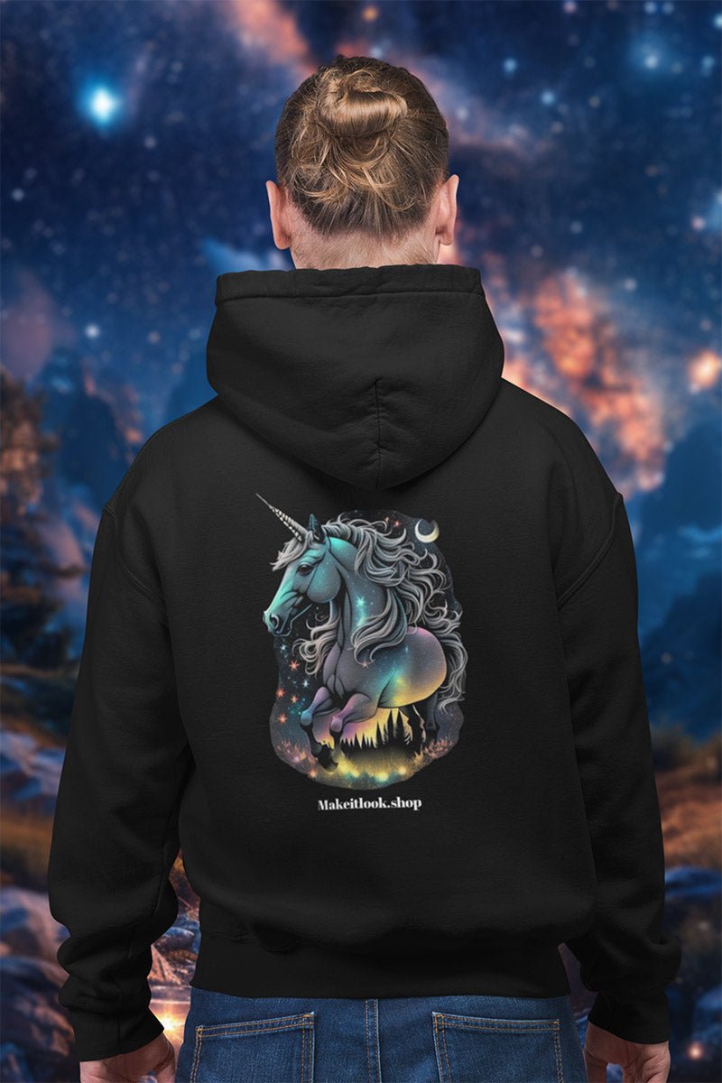 Hoodie „Gleaming Unicorn“: ein Einhorn mit leuchtender Mähne und Sternen, Ansicht 3