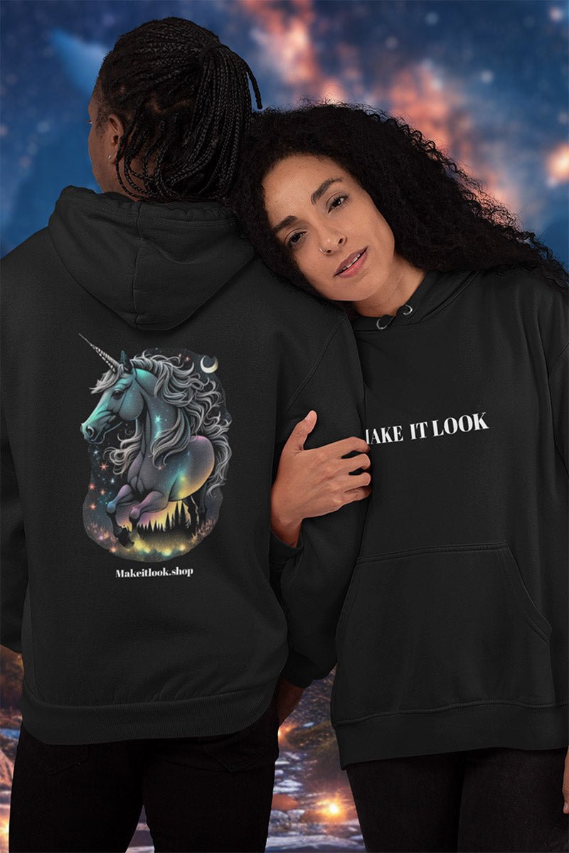 Hoodie „Gleaming Unicorn“: ein Einhorn mit leuchtender Mähne und Sternen, Ansicht 4
